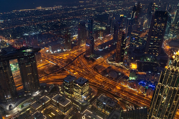 A busy city at night